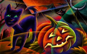 52 Halloween illustration Wallpaper - Black cat & Jack-o-lanterns
