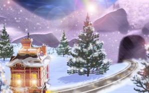 Free Cartoon Christmas House and Christmas Tree wallpaper