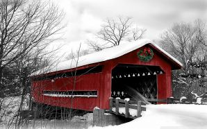 Christmas and Happy New Year - red bridge with wreath