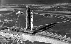 Aerial View of Apollo 11 Saturn V on Transporter