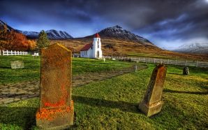 HDR Iceland Landscape The Orange Mold on the Churchyard Tombstones
