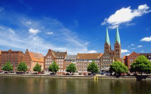 Buildings along the riverside, Trave River, Lubeck, Germany